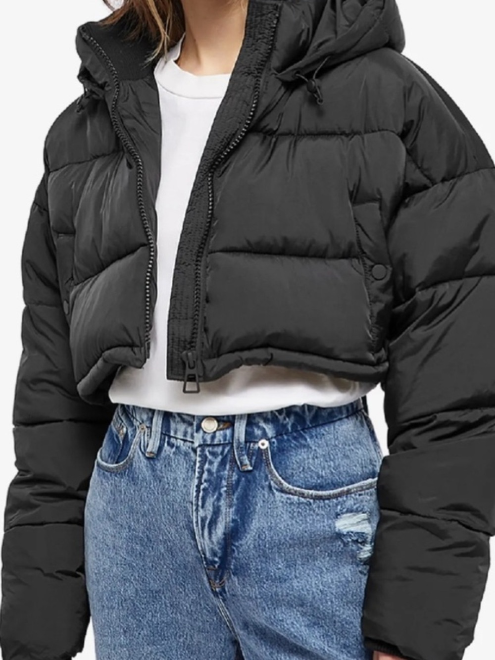 Good American Cropped Black Puffer Jacket with Hood 3=L